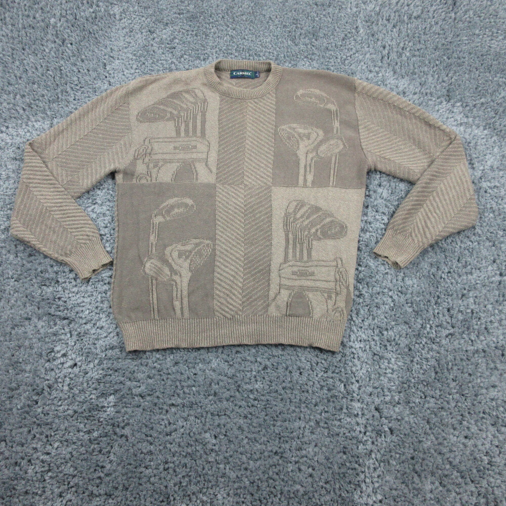 Carmel Sweater Mens Large Tan Gray Blend Jacquard Golf Club Pullover Vintage 90s